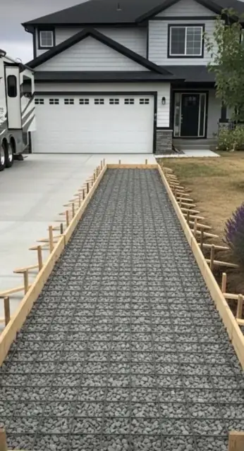 Long gravel driveway base with wood forms along both edges leading to a garage