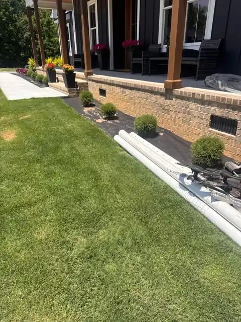 Thick green lawn along the side of a house with a paver walkway and new plantings